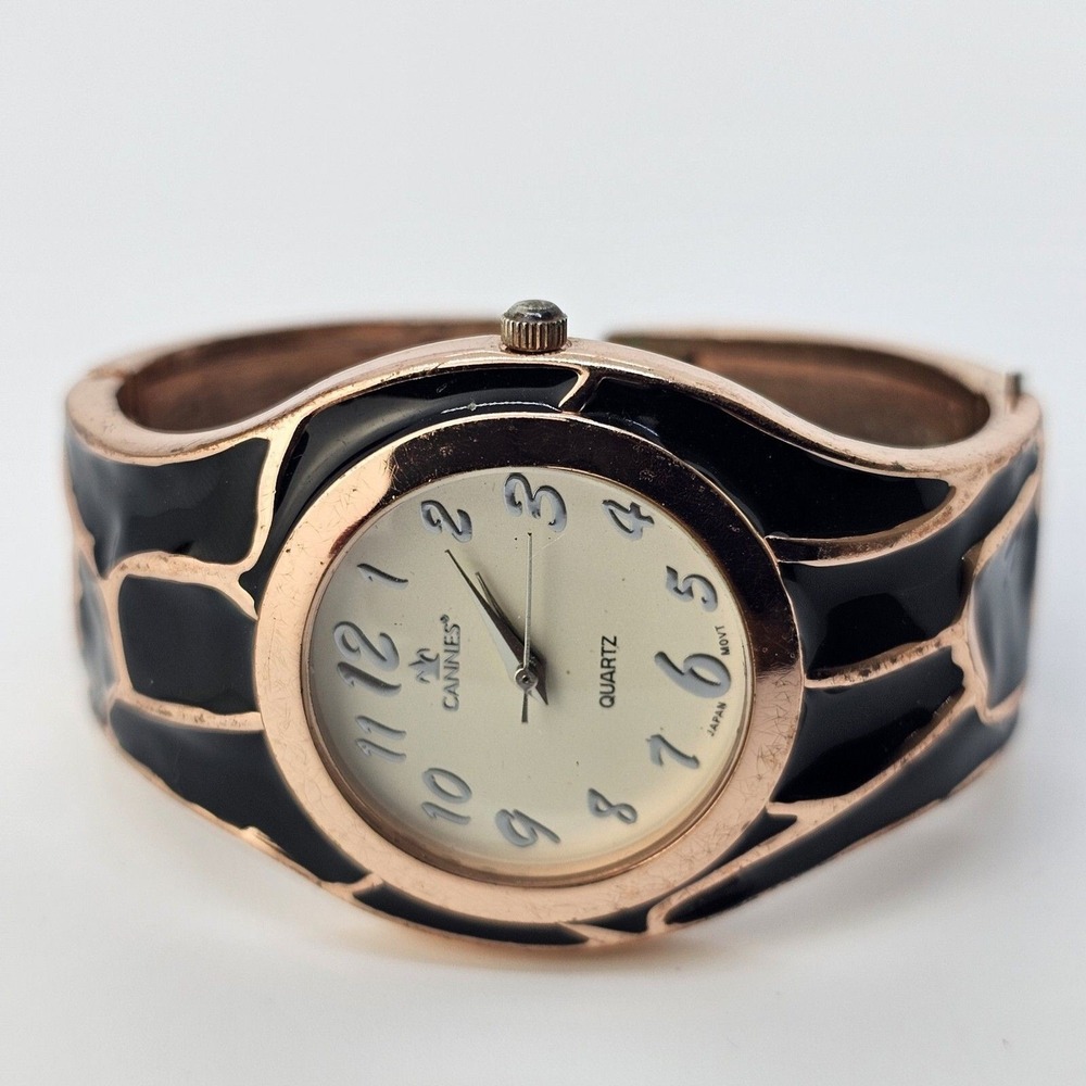 Cannes Watch Women 35M White Dial‎ Black Gold Hinged Cuff 5.25" New Battery